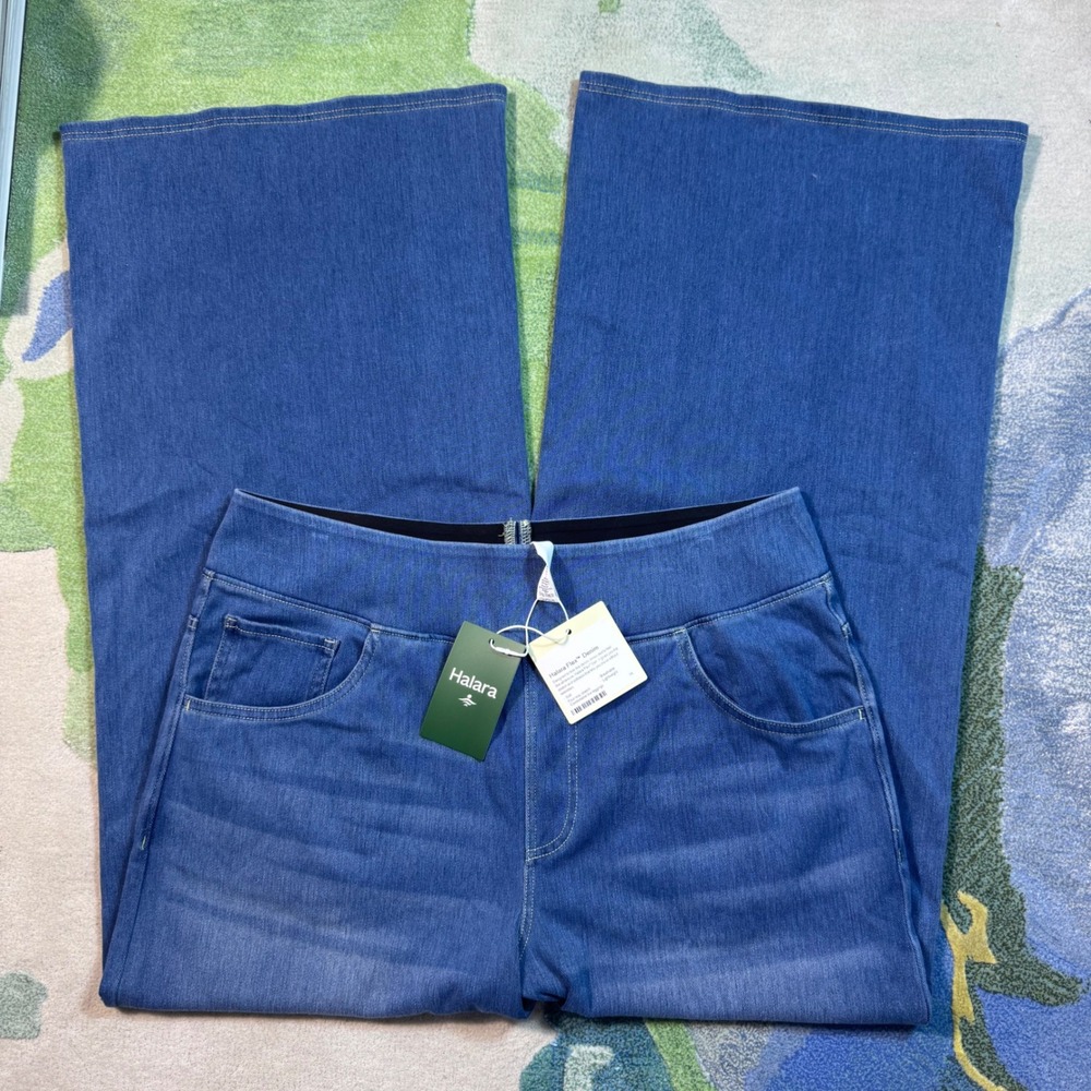 Halara Flex Denim High Waisted Wide Leg Jeans Blue Pull On Stretch Pants L